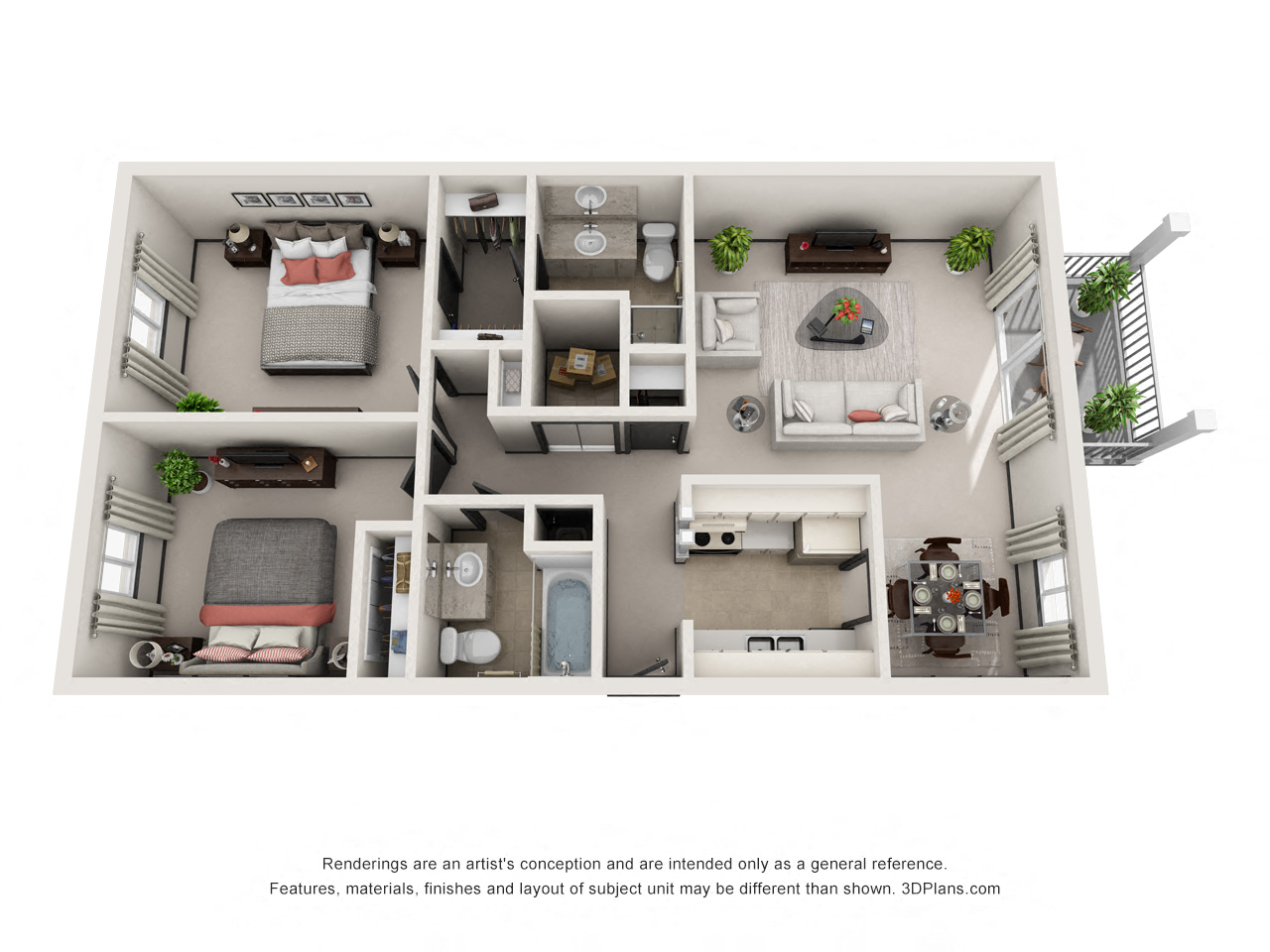 Floor plan for 2 beds, 2 baths, 1000 sqft